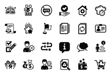 Vector Set of Business icons related to Ranking stars, Speech bubble and Remove account icons. Coins bags, Sports arena and Approved checkbox signs. Cooking timer, Flag and Search document. Vector