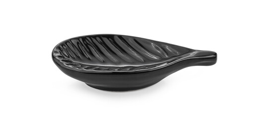 black ceramic bowl on white background.
