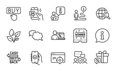 Business icons set. Included icon as Seo targeting, 24h service, Winner ticket signs. Approved app, Plants watering, Sale gift symbols. Security agency, Messenger, Cashback card. Buying. Vector