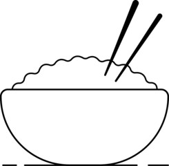 Plate of rice. Asian food. Meal time. Cutlery. Rice sticks. Black and white. White background. Line drawing.