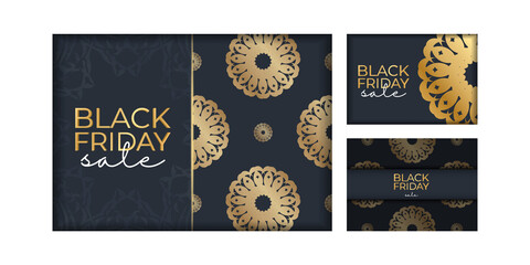 Dark blue black friday sale holiday poster template with luxury gold ornament