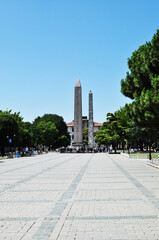 Istanbul city panorama. View of the obelisk of Theodosius. July 10, 2021, Istanbul, Turkey.