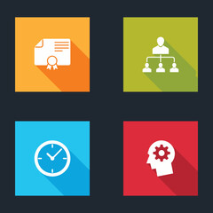 Set Certificate template, Referral marketing, Clock and Human head with gear inside icon. Vector