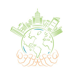 Hand holding world and building city. Green city logo icon on white background