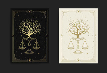 Tree with scale of justice or balance symbol also known as sign of libra constellation, in carving, hand drawn, line art, luxury, heavenly, esoteric, boho style - obrazy, fototapety, plakaty