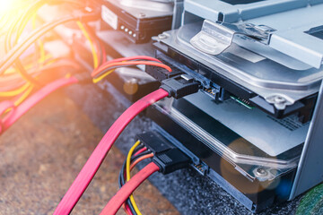 The cable is connected to the hard drive in the server for storing and transferring data