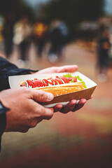 man holds fresh hot dog with ketchup in hands. Street food, fast food.