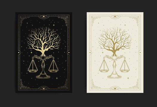Tree with scale of justice or balance symbol also known as sign of libra constellation, in carving, hand drawn, line art, luxury, heavenly, esoteric, boho style
