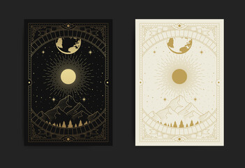 Mountains, forests, moon and stars, symbol of nature in engraving, hand drawn, line art, luxury, celestial, esoteric, boho style