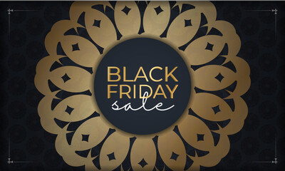 Dark blue black friday sale holiday poster template with luxury gold ornaments