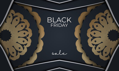 Dark blue black friday sale holiday poster template with vintage gold pattern