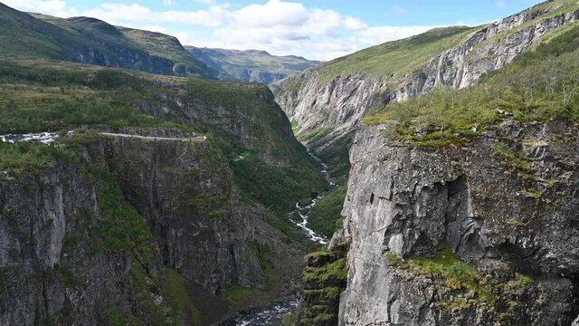 Panoramic view to the valley at the V&oslash;ringsfossen waterfall.