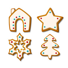 Christmas gingerbread cookies. Festive glazed biscuits in shape of house and tree, star and snowflake. Cartoon Vector illustration
