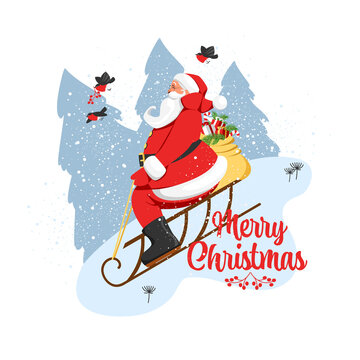 Santa Claus on a sleigh. vector Christmas image. Santa is rolling down the mountain