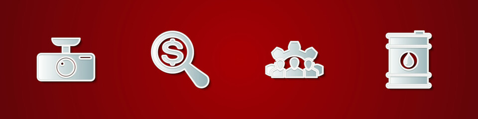 Set Car DVR, Magnifying glass and dollar, Project team base and Barrel oil icon. Vector