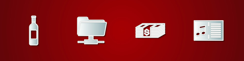 Set Bottle of wine, FTP folder, Paper money dollars cash and Music book with note icon. Vector