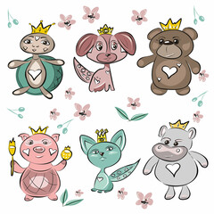 Cartoon animals in crowns, princes and princesses. Pig, kitty, hippo, turtle, dog, bear. Children's style. Wallpaper, decoration of the children's room. Isolated vector objects.
