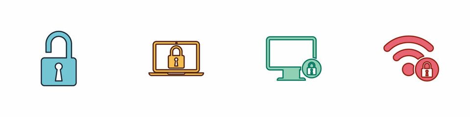 Fototapeta premium Set Open padlock, Laptop and, Lock on monitor and Wifi locked icon. Vector