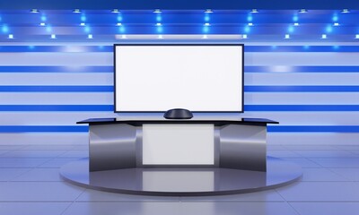 blue table and lcd background in a news studio room.3d rendering.	