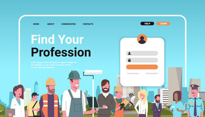 find your profession website landing page template different occupation workers standing together