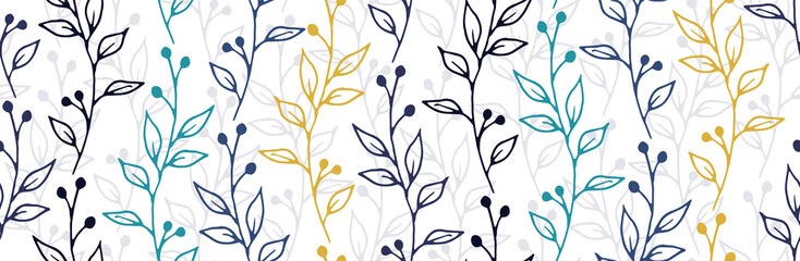 Berry bush branches natural vector seamless background. Romantic herbal graphic design. Grass plants leaves and stems illustration. Berry bush twigs growing endless design