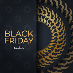 Black friday party poster template in dark blue color with geometric gold pattern