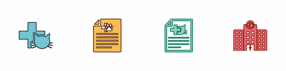 Set Veterinary clinic, Medical certificate for dog or cat, and medicine hospital icon. Vector