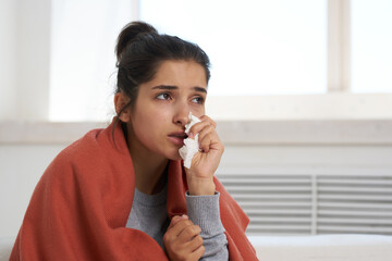 Fototapeta na wymiar sick woman flu cold treatment at home