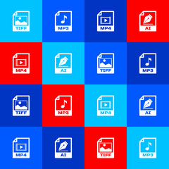 Set TIFF file document, MP3, MP4 and AI icon. Vector
