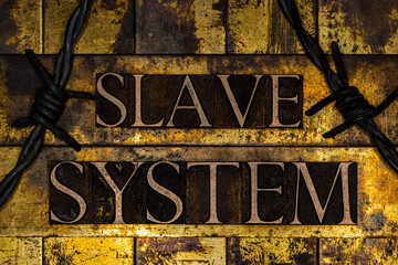 Slave System text on textured grunge copper and vintage gold background