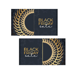 Dark blue black friday sale holiday poster template with round gold pattern