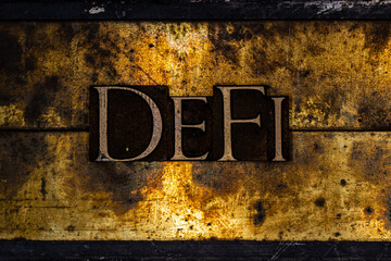 DeFi text on textured grunge copper and vintage gold background
