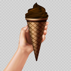 A hand holding a cone with chocolate ice cream
