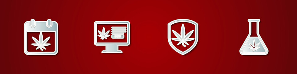 Set Calendar and marijuana, Online buying, Shield and Test tube with icon. Vector