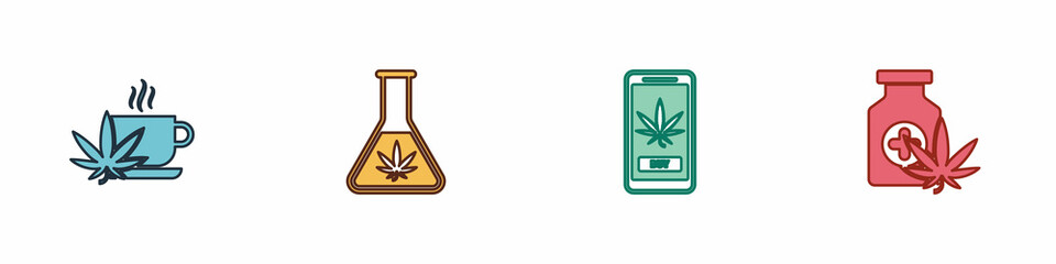Set Cup tea with marijuana, Test tube, Online buying and Medical bottle icon. Vector