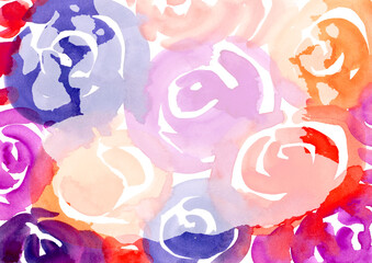 Multicolored watercolor hand drawn abstract background. Pink, orange, red, violet and purple colorful Spots and Splashes Roses texture. Backdrop of Spot for packaging and web