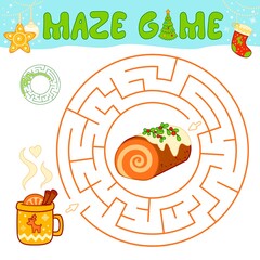Christmas maze puzzle game for children. Circle maze or labyrinth game with Christmas cake.