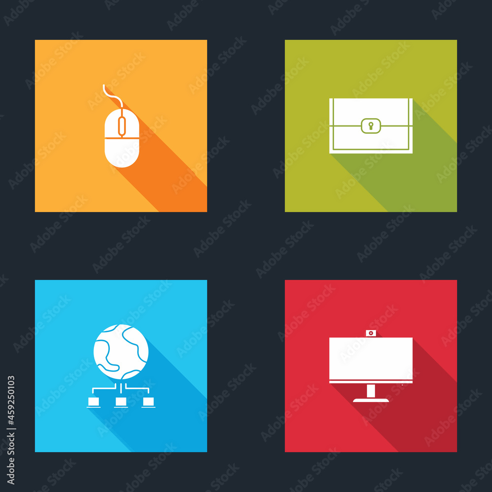 Poster Set Computer mouse, Chest for game, network and monitor icon. Vector