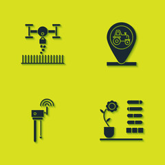 Set Smart farm with drone, Flower status, Router and wi-fi signal and Tractor location icon. Vector