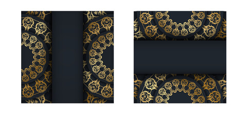 Template Postcard in black with Indian gold pattern prepared for printing.