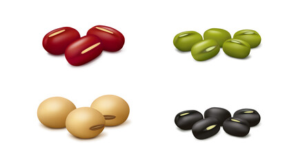 Groups of red adzuki, black gram, soy and green mung beans isolated on white background. Realistic vector illustration. Side view.
