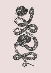 Black and white illustration with a snake and peonies. Day of the Dead. Halloween. Drawing for souvenirs and tattoo.