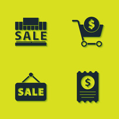 Set Shopping building and sale, Paper check financial check, Hanging sign with Sale and cart dollar icon. Vector