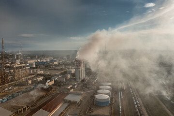 Oil and gas refinery plant in smoke