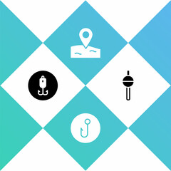 Set Fishing hook, , Location fishing and float icon. Vector