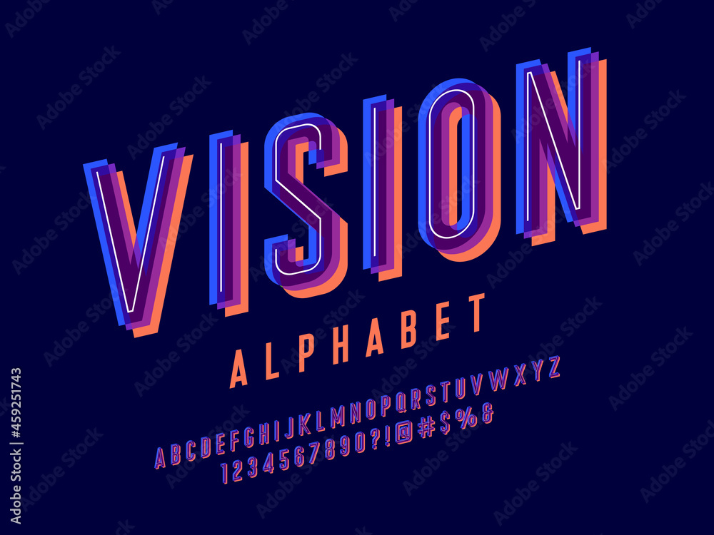 Fototapete overprint colors alphabet design with uppercase, numbers and symbols