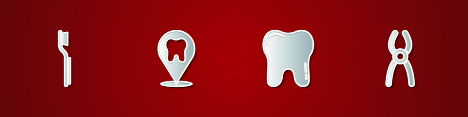Set Toothbrush, Dental clinic location, and pliers icon. Vector