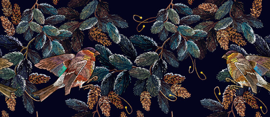 Winter art. Classical embroidery snow-covered branch of a fir-tree, bullfunch and titmouse birds. Christmas art pattern. Clothes, textile design template