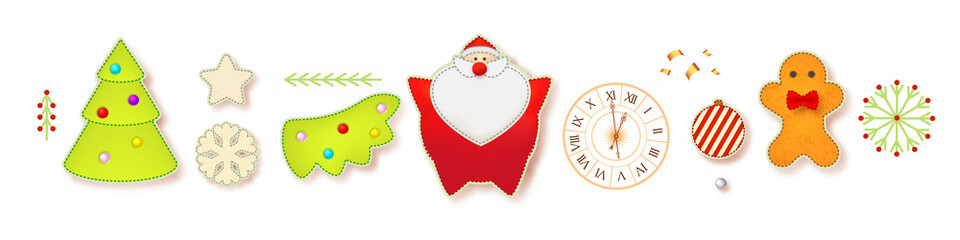 Happy 2022 New Year! Christmas cute design template with Santa Claus, fir tree, clock, gingerbread man, garland and toys