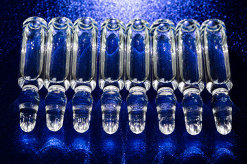 Glass medical ampoules for injection.  Ampoules with vaccine, medicine, collagen, vitamins